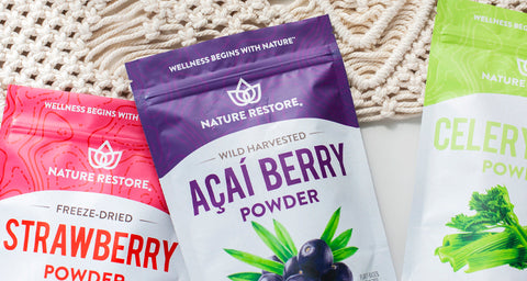 Nature Restore superfood powders- strawberry, acai, and celery juice