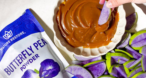 Poison Apples and Caramel Dip made with Nature Restore Butterfly Pea Powder