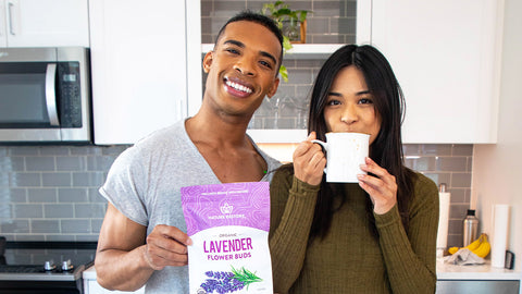 Woman drinking lavender latte cup and man holding Nature Restore Organic Dried Lavender Flower Buds