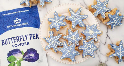 Nature restore butterfly pea powder frosted snowflake rice krispy treats