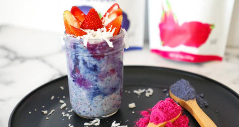 Galaxy swirl overnight oats with butterfly pea powder and dragon fruit powder