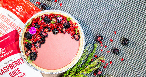 Nature Restore pomegranate and raspberry powders - vegan tart with berry topping 