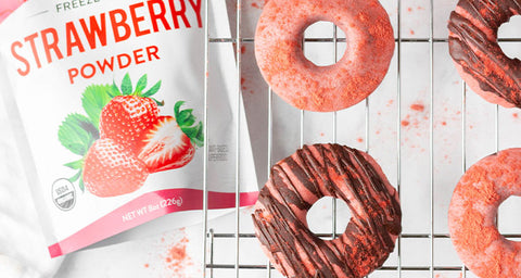 Vegan, Gluten free, dairy free Strawberry Frosted Chocolate Donuts using Nature Restore Organic Freeze Dried Strawberry Powder