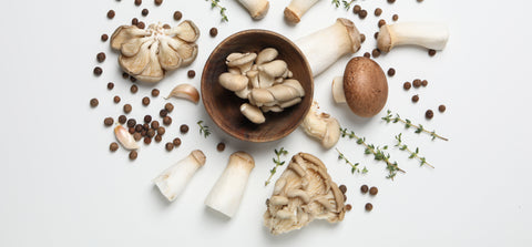 Gemini said Top-down view of assorted fresh mushrooms, peppercorns, garlic, and thyme arranged around a small wooden bowl on a white background.