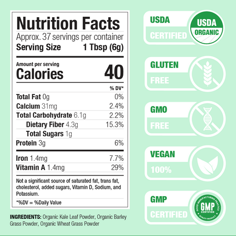 American Grown Greens Powder, Organic Wheatgrass, Kale, Barley Grass