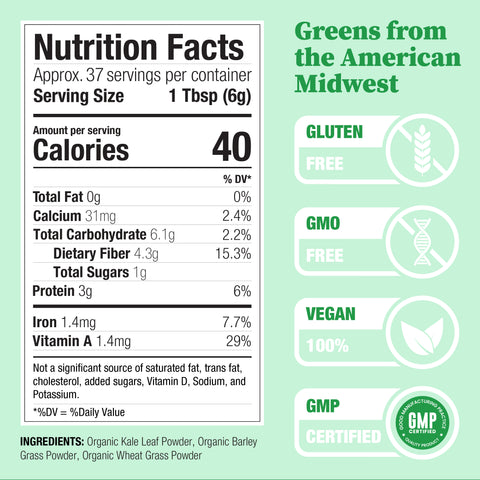 American Grown Greens Powder, Organic Wheatgrass, Kale, Barley Grass